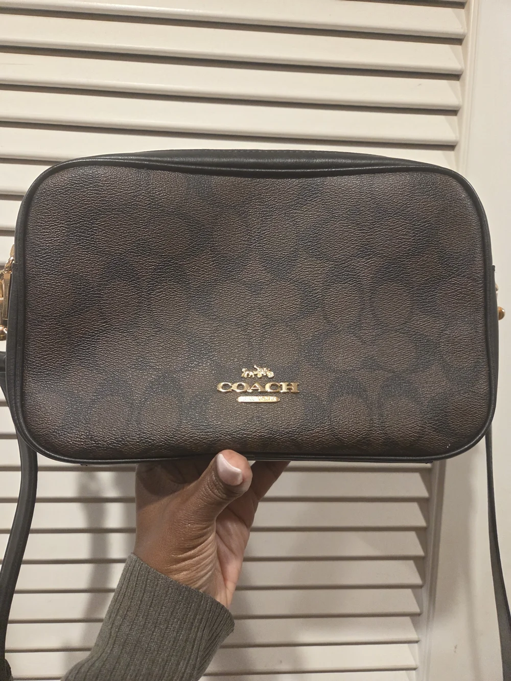 Coach Dark Brown Signature Canvas Crossbody with Gold Hardware